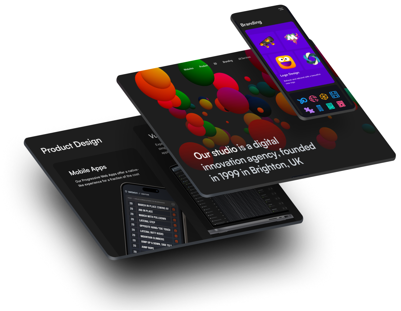 Screens showing phone, tablet and desktop views of our website