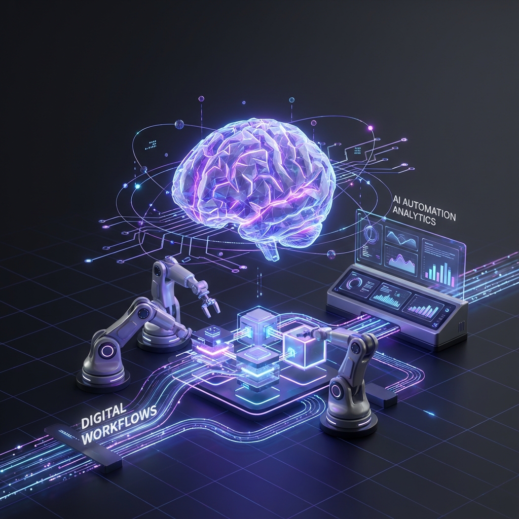 AI automation with holographic brain, robotic workflows, and futuristic analytics dashboard